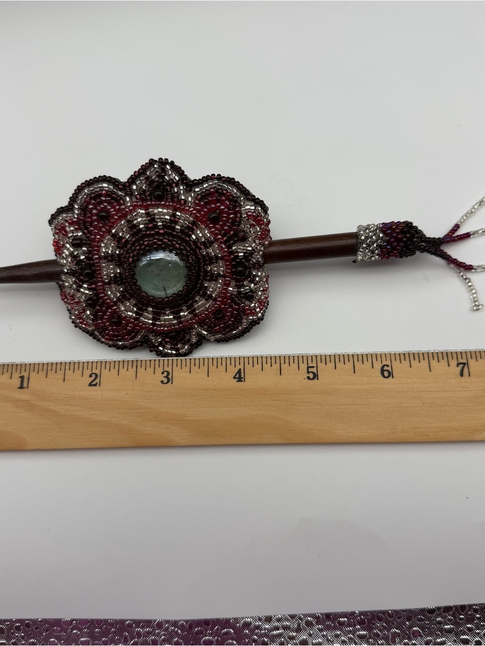 Native American Hand Beaded Barrette/Ponytail Holder With Wood Pin &Leather Back